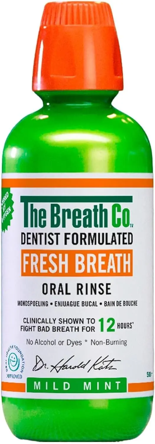The Breath Co Fresh Breath Oral Rinse in Mild Mint flavor provides 12-hour bad breath relief and maintains a healthy pH balance in the mouth.