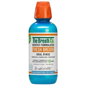 The Breath Co Fresh Breath Oral Rinse in Icy Mint flavor provides 12 hours of fresh breath and a happy, healthy mouth.