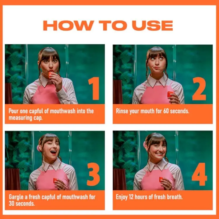 The Breath Co Fresh Breath Oral Rinse in Mild Mint flavor provides 12-hour bad breath relief and maintains a healthy pH balance in the mouth.