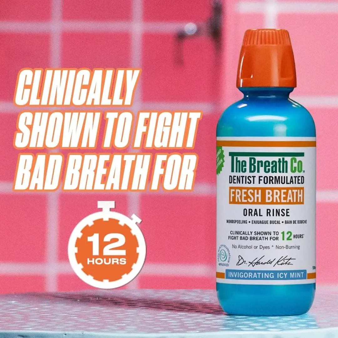 The Breath Co Fresh Breath Oral Rinse in Icy Mint flavor provides 12 hours of fresh breath and a happy, healthy mouth.