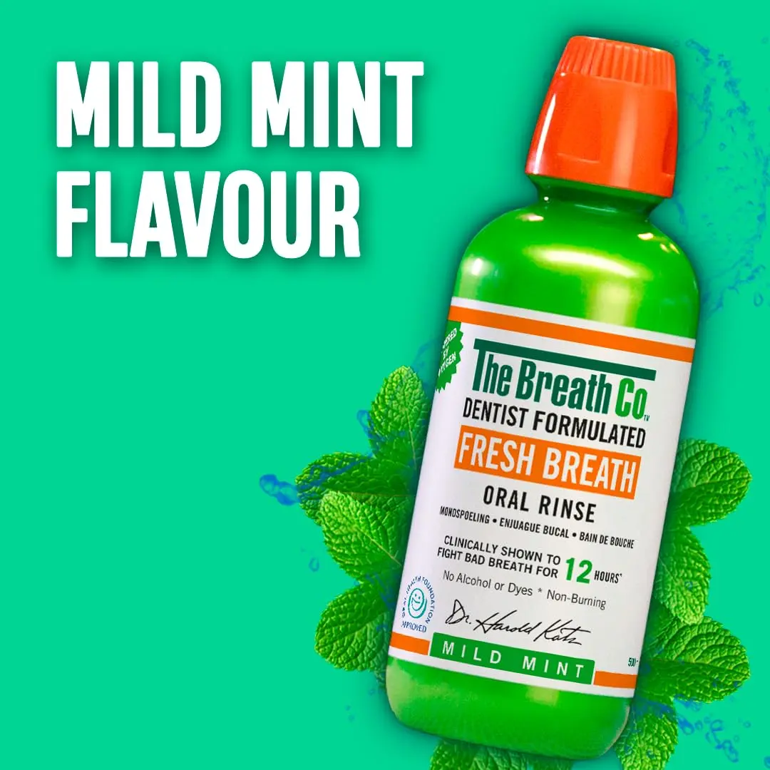 The Breath Co Fresh Breath Oral Rinse in Mild Mint flavor provides 12-hour bad breath relief and maintains a healthy pH balance in the mouth.