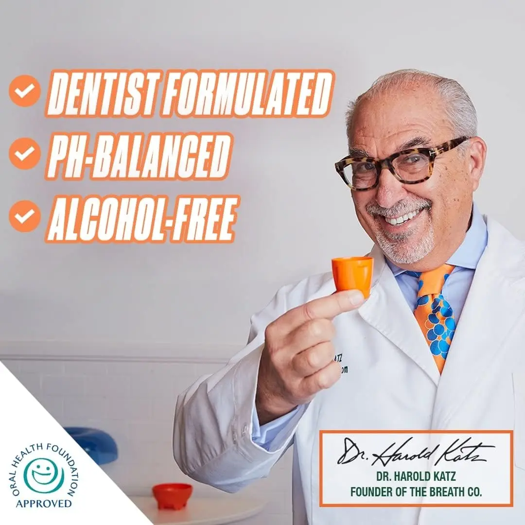 The Breath Co Fresh Breath Oral Rinse in Icy Mint flavor provides 12 hours of fresh breath and a happy, healthy mouth.