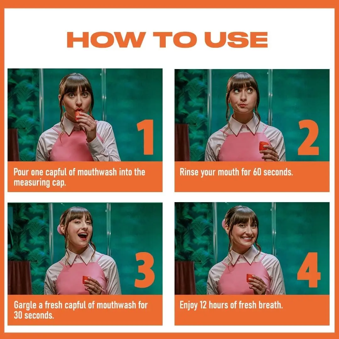 The Breath Co Fresh Breath Oral Rinse in Icy Mint flavor provides 12 hours of fresh breath and a happy, healthy mouth.