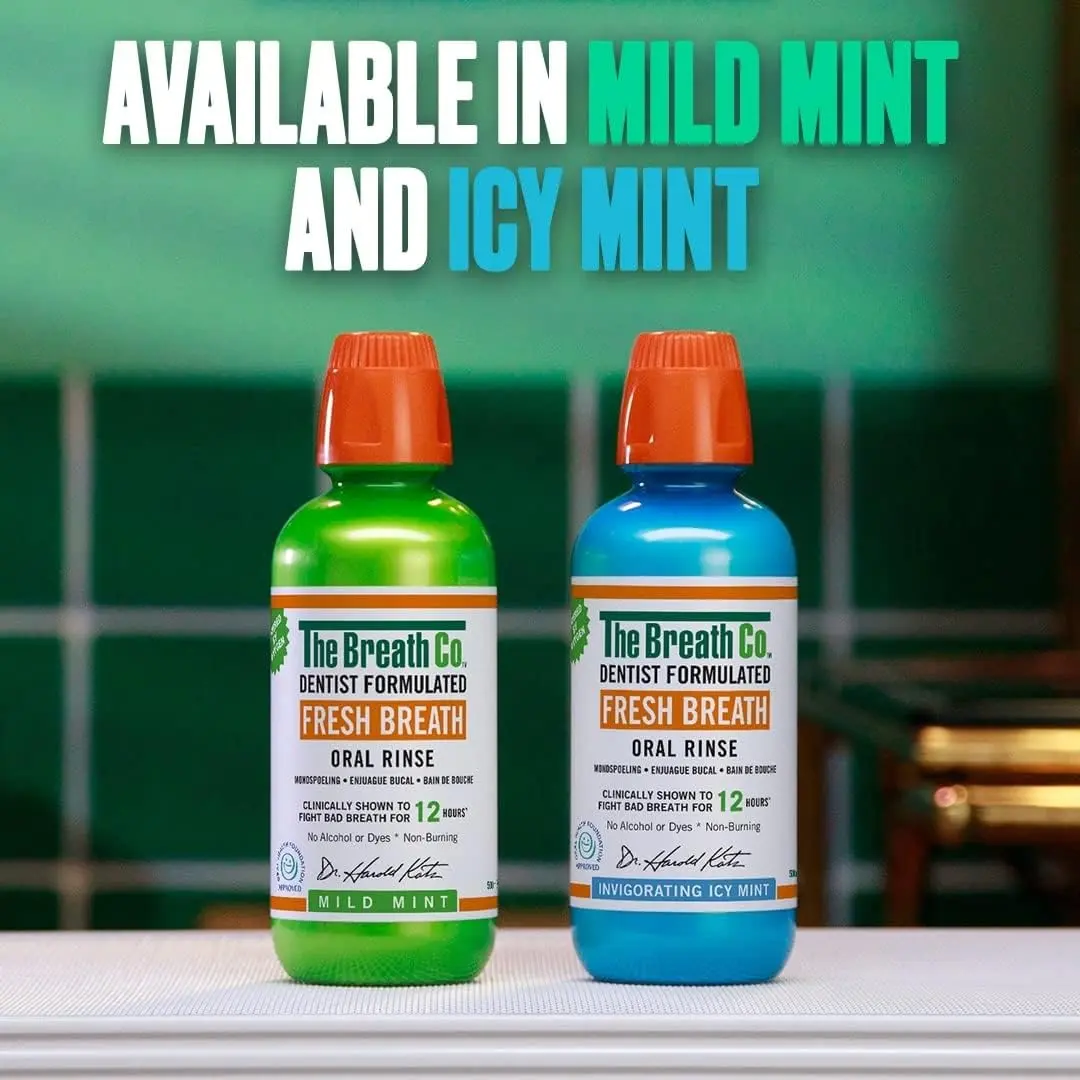 The Breath Co Fresh Breath Oral Rinse in Icy Mint flavor provides 12 hours of fresh breath and a happy, healthy mouth.