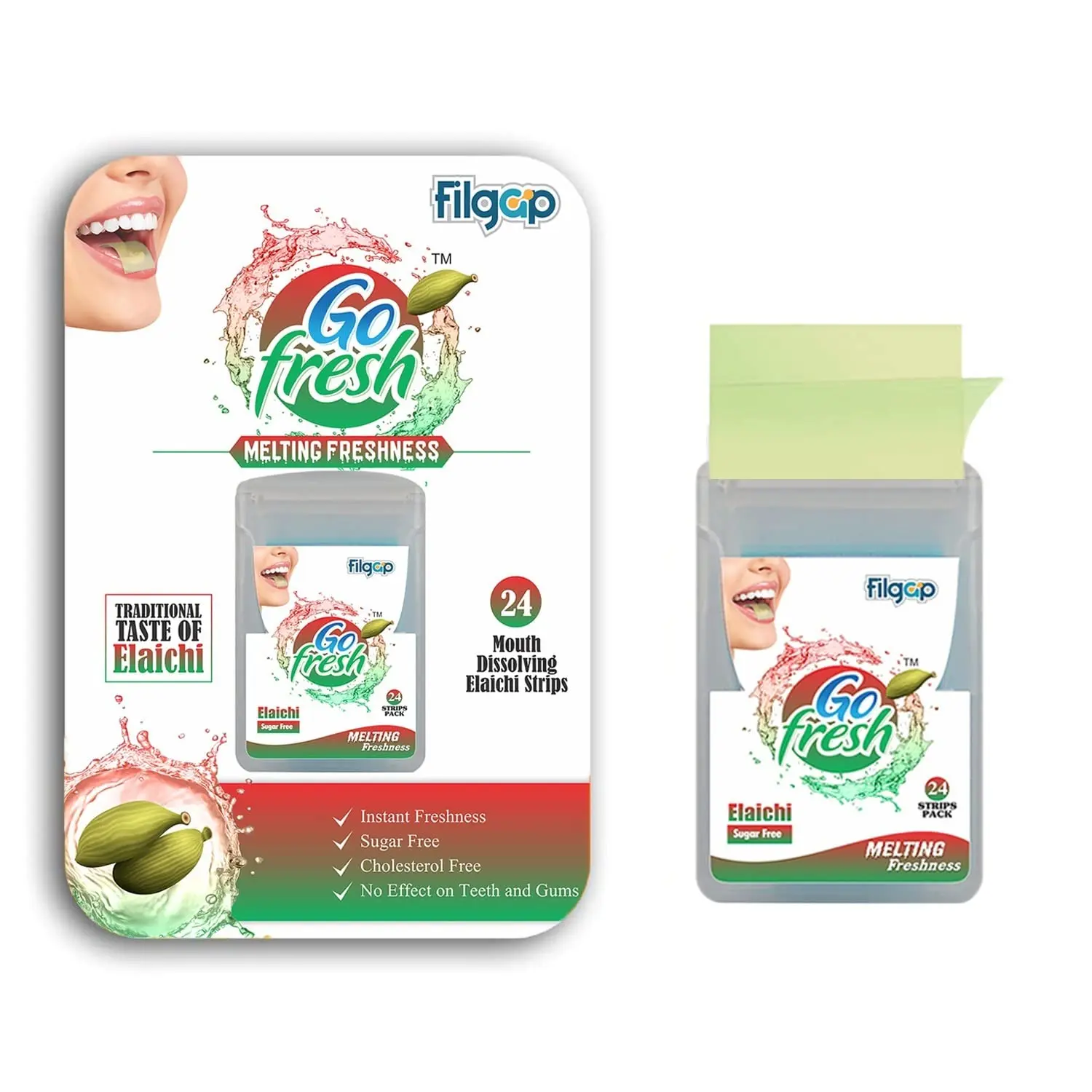 This is a pack of six boxes of sugar-free elaichi flavored mouth freshener strips that dissolve instantly for fresh breath.