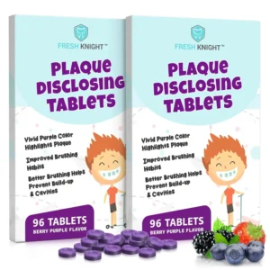 Fresh Knight plaque disclosing tablets reveal areas needing more brushing for kids and adults, helping to improve dental hygiene and teach better brushing habits.