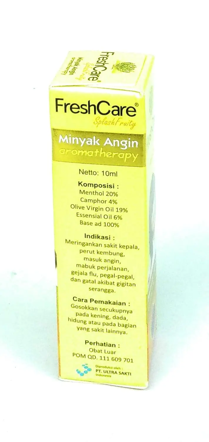 A 10ml bottle of FreshCare Splash Fruity medicated aromatherapy oil, a Halal-certified product of Indonesia containing fruity essential oils.
