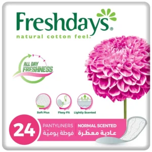 Freshdays normal scented daily liners with a cottony-feel top layer, providing gentle, clean, and dry protection for up to 12 hours.