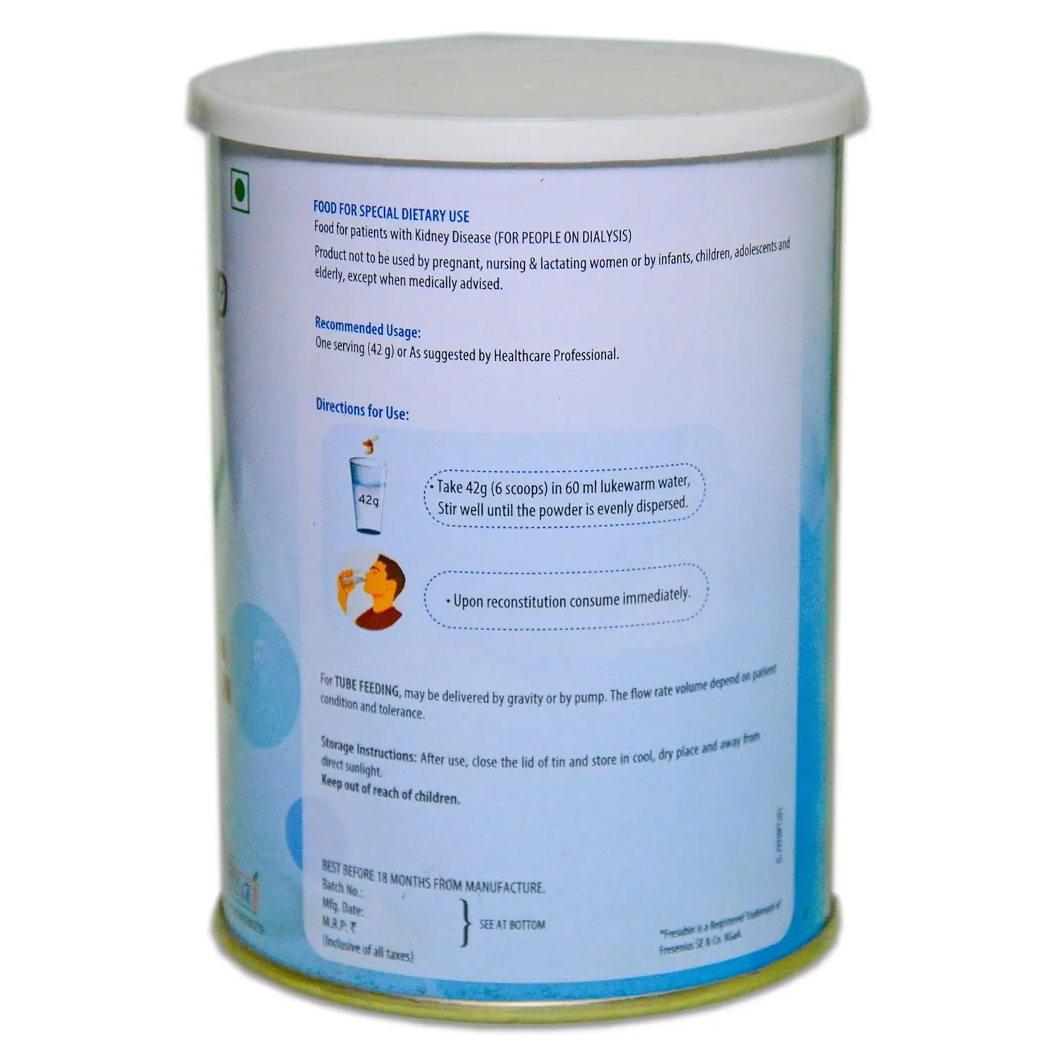This is a container of Fresubin HP dialysis powder, a high-calorie, high-protein supplement enriched with vitamins, minerals, and fiber for chronic kidney disease patients on dialysis.