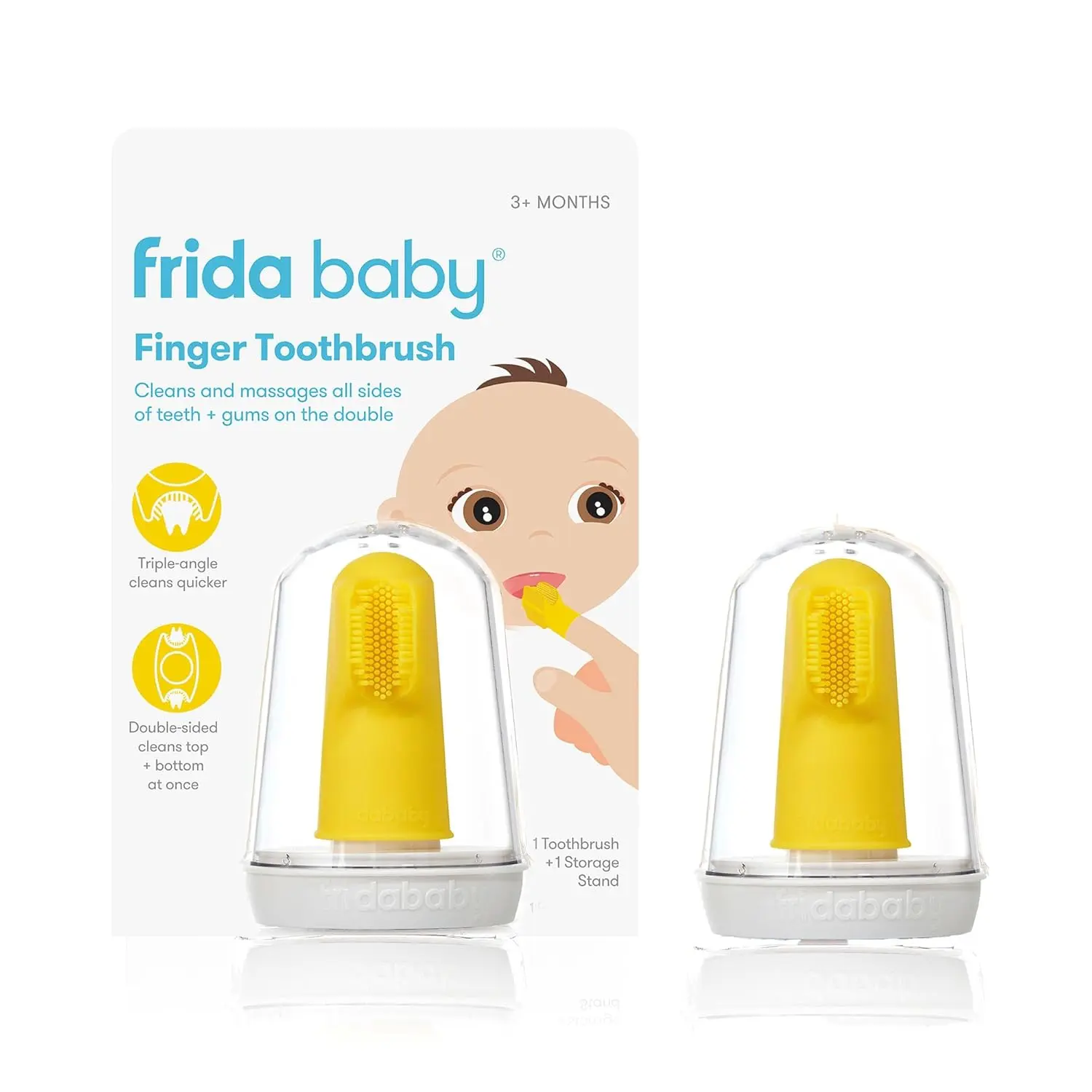 The Frida Baby SmileFrida finger toothbrush features triple-angle, soft silicone bristles to gently clean and massage a baby's teeth and gums while forming good oral hygiene habits.