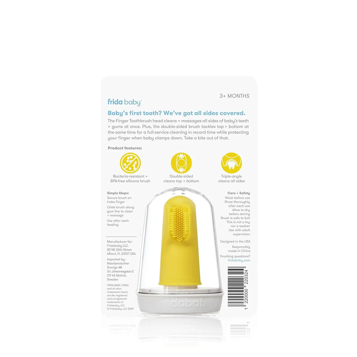 The Frida Baby SmileFrida finger toothbrush features triple-angle, soft silicone bristles to gently clean and massage a baby's teeth and gums while forming good oral hygiene habits.