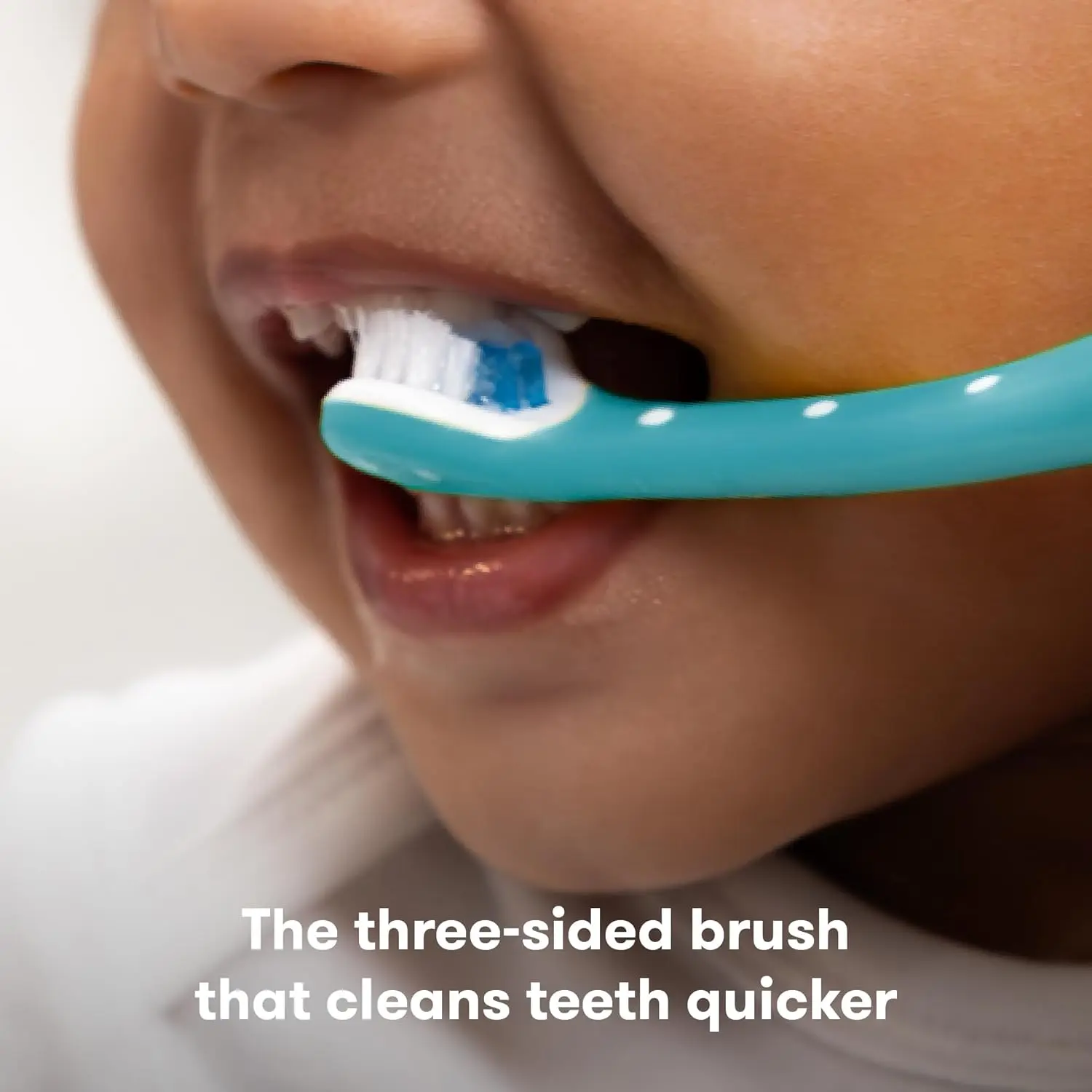 This blue Frida Baby Toothhugger toothbrush features a u-shaped head with triple-angle bristles for toddlers learning to brush.