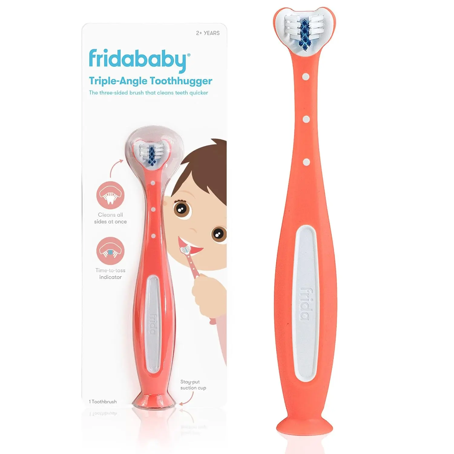 This blue Frida Baby Toothhugger toothbrush features a u-shaped head with triple-angle bristles for toddlers learning to brush.
