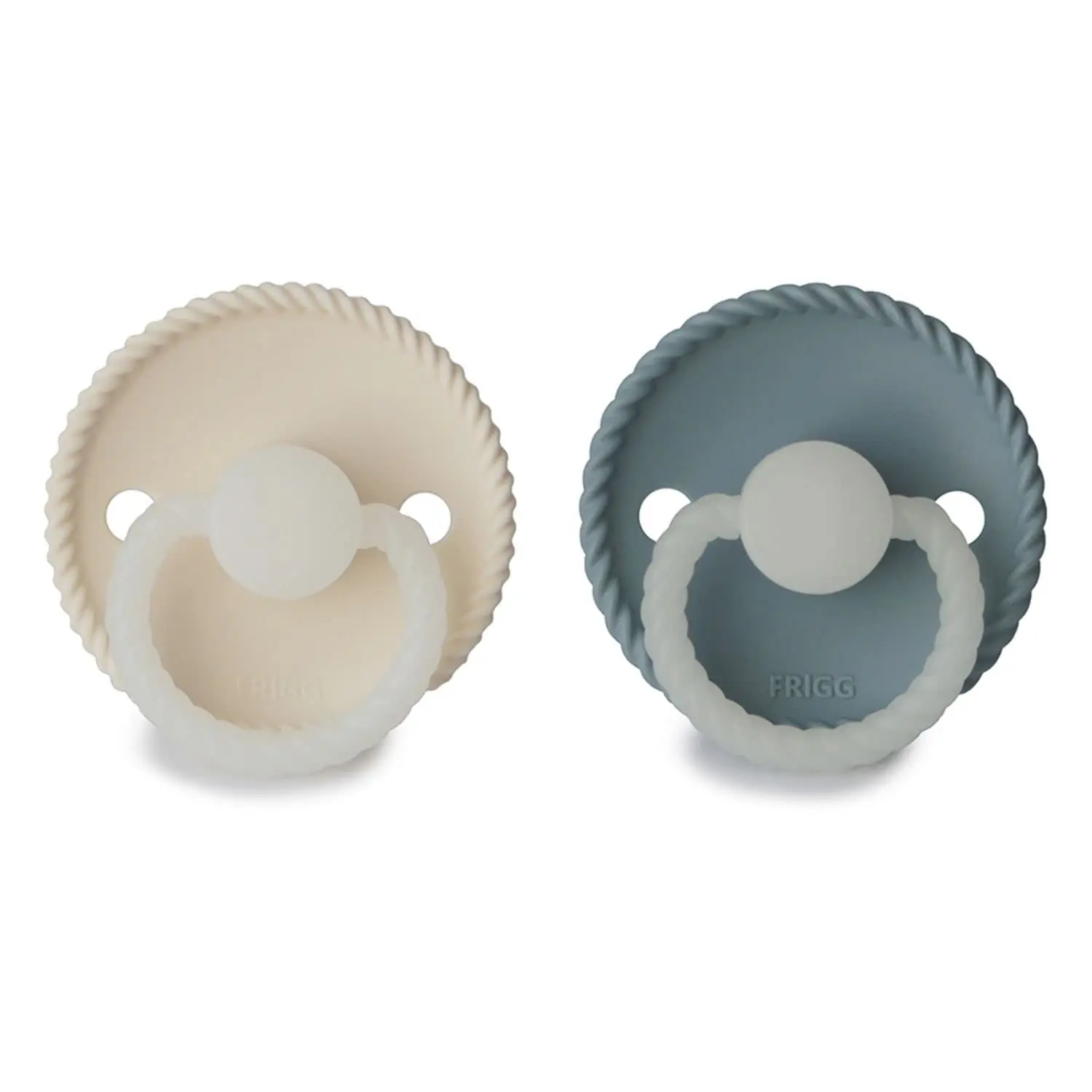 Two-pack of FRIGG Rope pacifiers in cream and stone blue with glow-in-the-dark handles and round, latex-free silicone nipples, designed to mimic breastfeeding.
