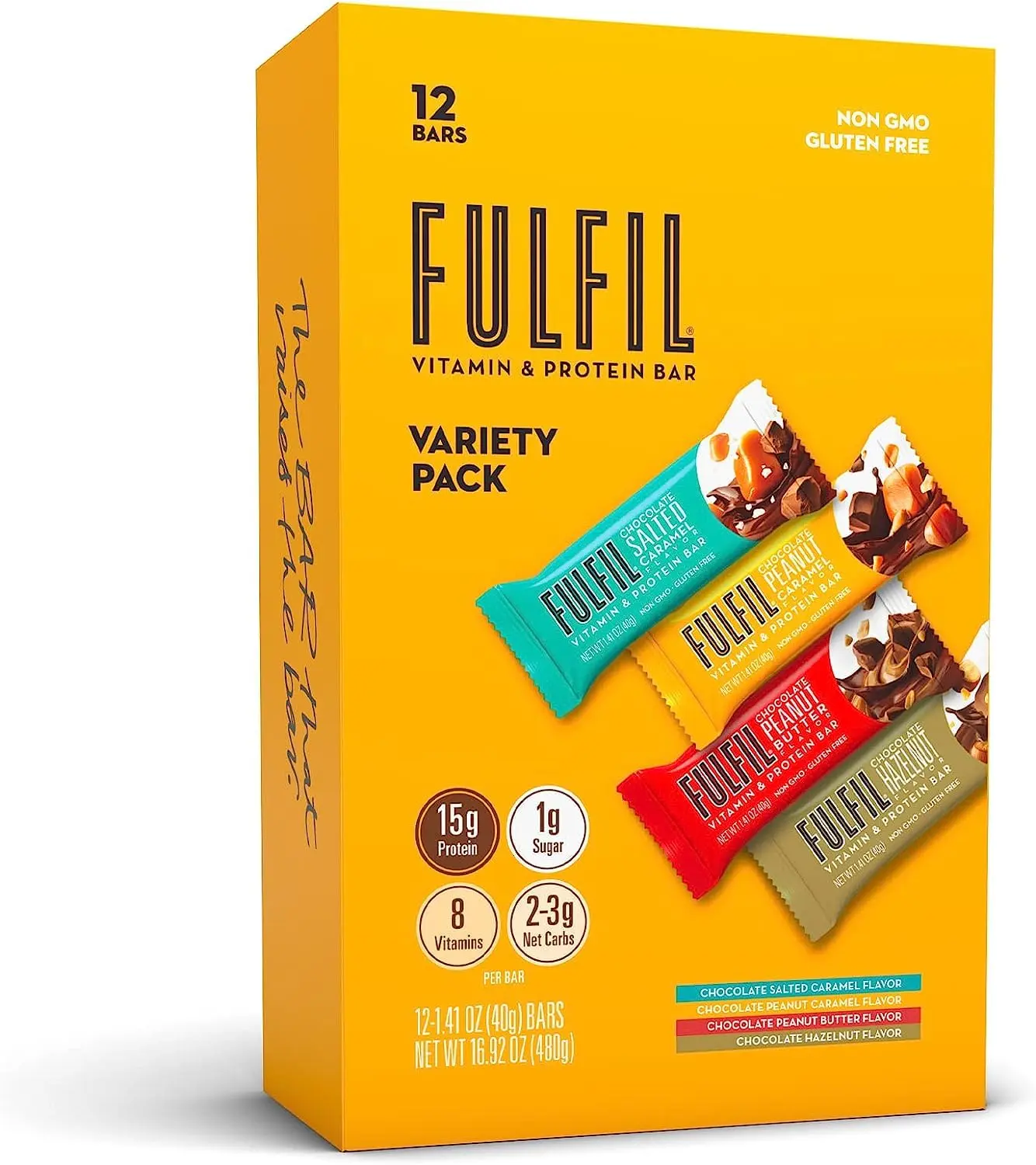 Twelve FULFIL protein and vitamin bars with chocolate, peanut, and caramel flavor provide 15g of protein, 8 essential vitamins, and only 1g of sugar per bar.