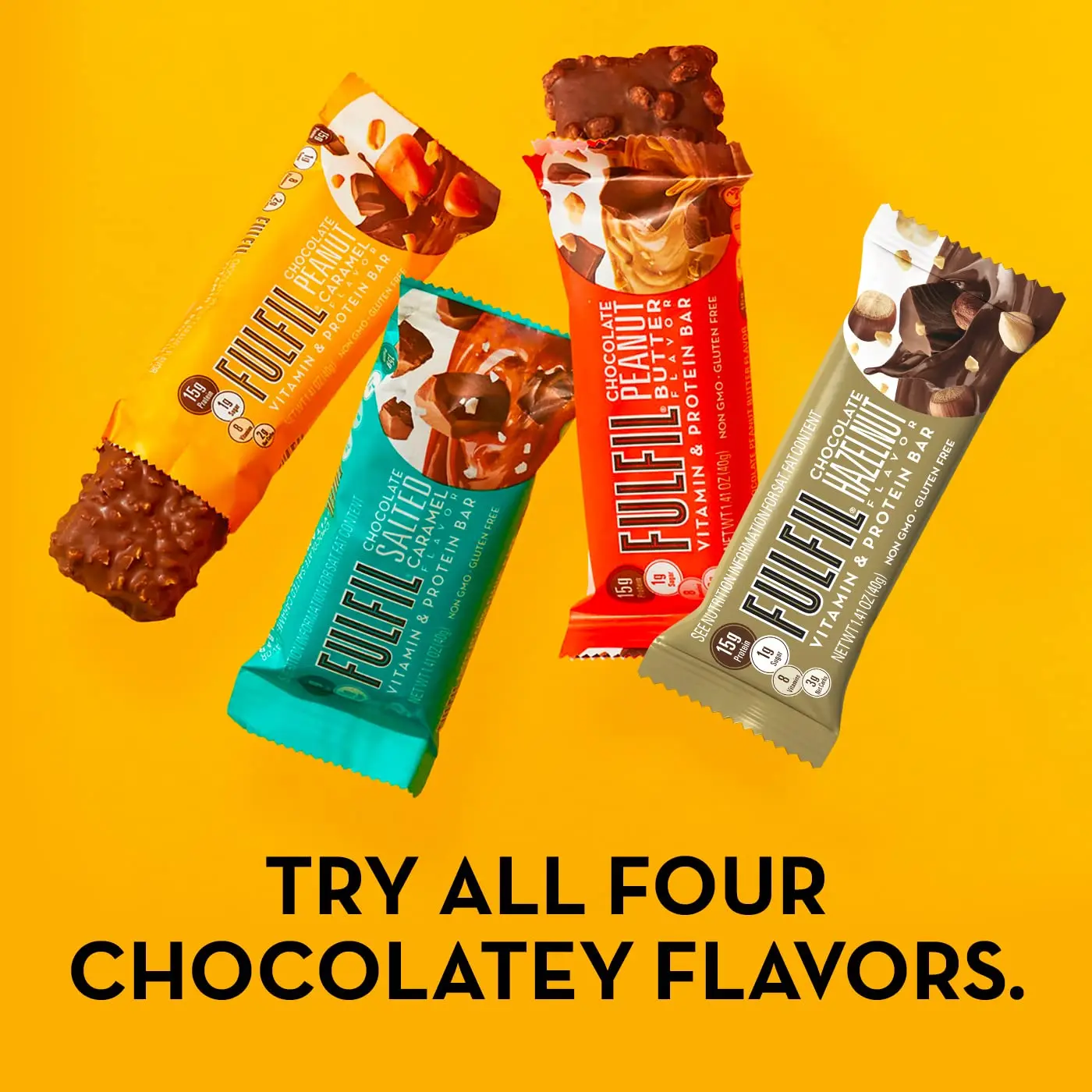 Twelve FULFIL protein and vitamin bars with chocolate, peanut, and caramel flavor provide 15g of protein, 8 essential vitamins, and only 1g of sugar per bar.