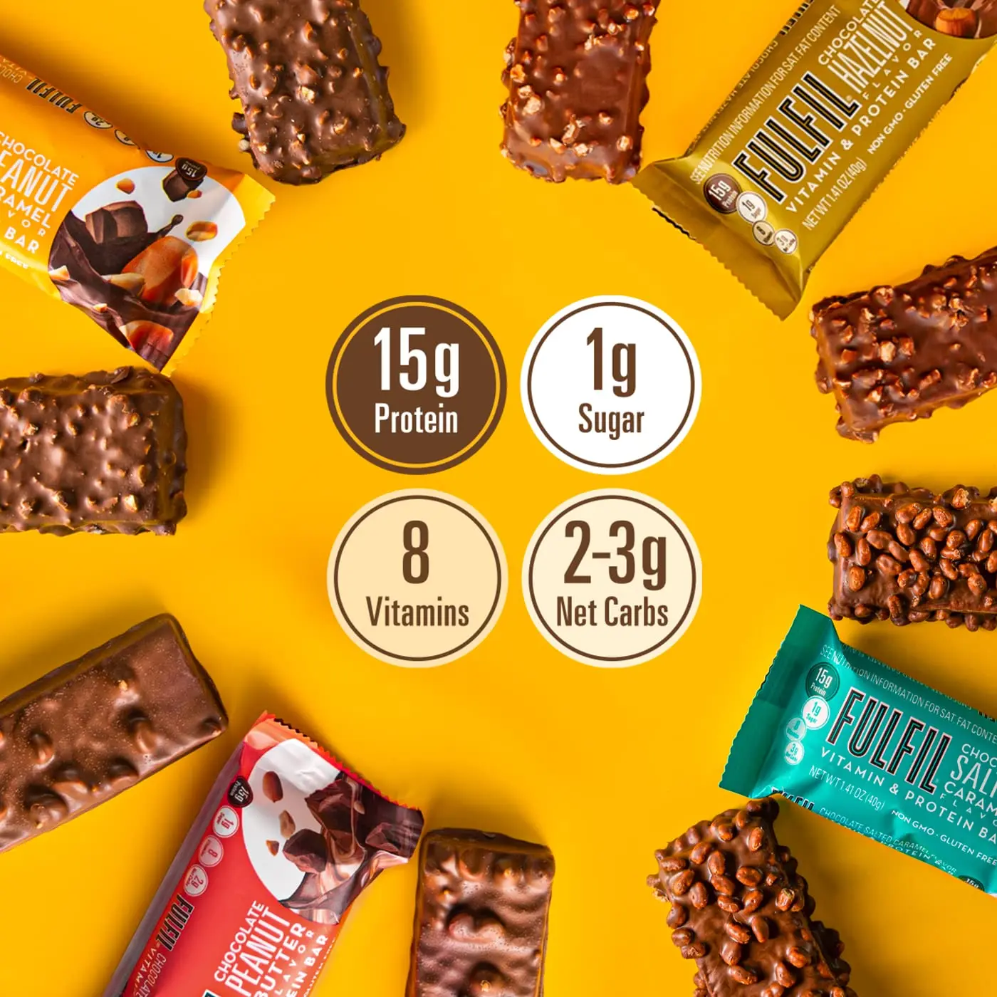 Twelve FULFIL protein and vitamin bars with chocolate, peanut, and caramel flavor provide 15g of protein, 8 essential vitamins, and only 1g of sugar per bar.