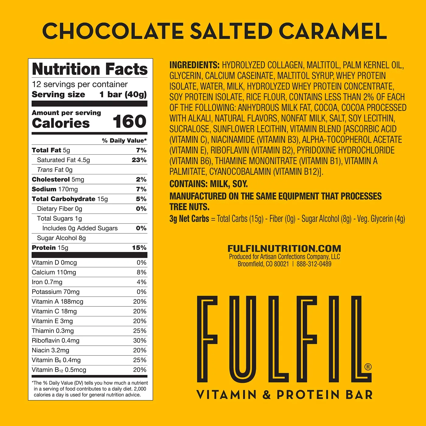 Twelve FULFIL protein and vitamin bars with chocolate, peanut, and caramel flavor provide 15g of protein, 8 essential vitamins, and only 1g of sugar per bar.