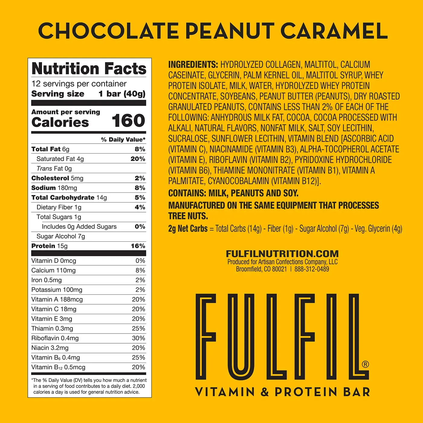 Twelve FULFIL protein and vitamin bars with chocolate, peanut, and caramel flavor provide 15g of protein, 8 essential vitamins, and only 1g of sugar per bar.