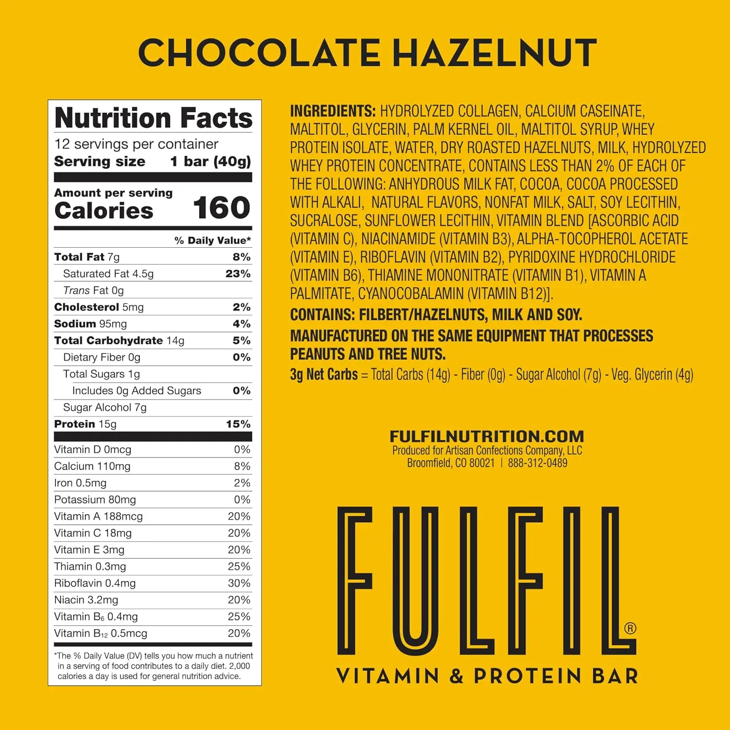 Twelve FULFIL protein and vitamin bars with chocolate, peanut, and caramel flavor provide 15g of protein, 8 essential vitamins, and only 1g of sugar per bar.