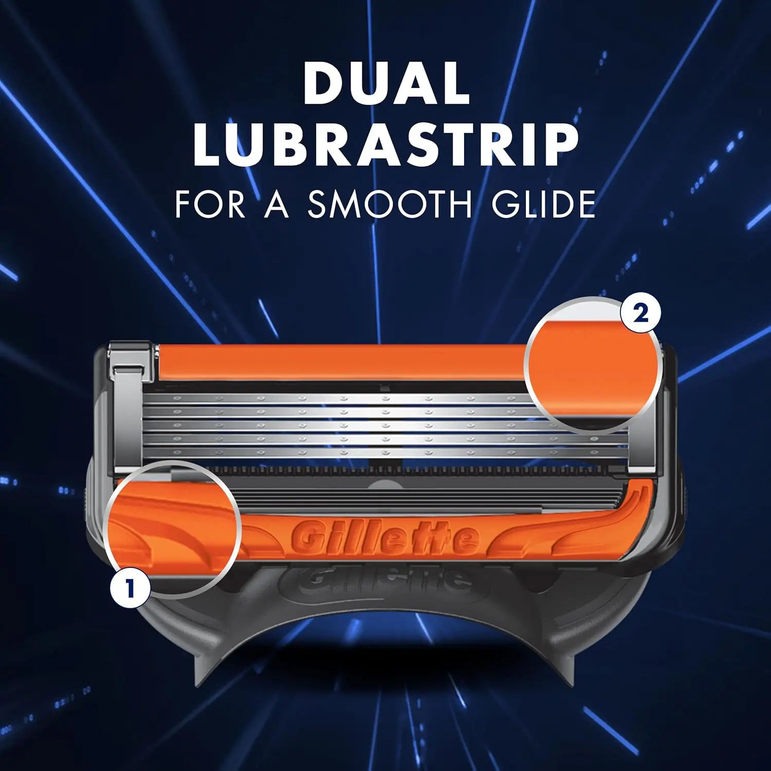 Four Gillette Fusion ProGlide Power razor blade refills featuring five anti-friction blades and a precision trimmer for edging tough areas.