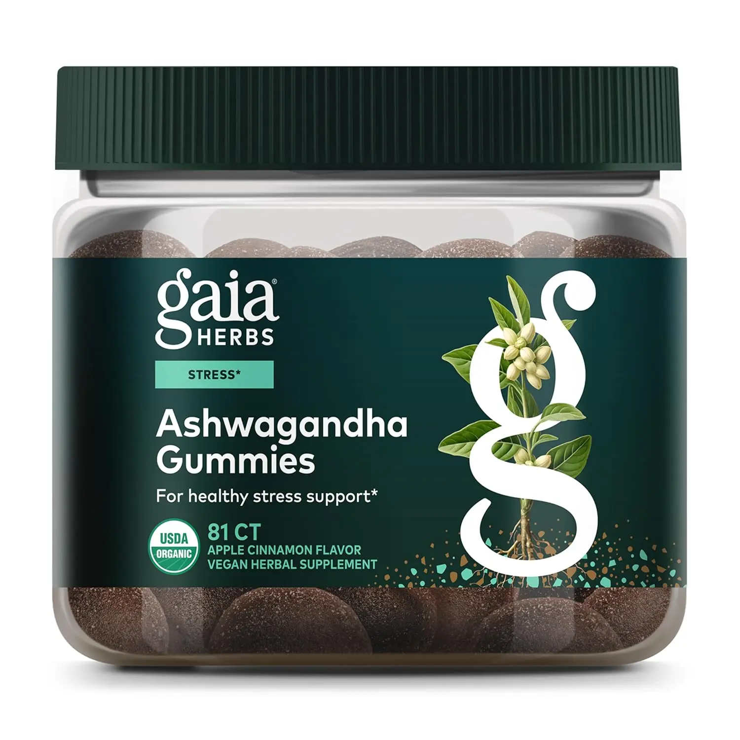 A bottle of Gaia Herbs Organic Ashwagandha Gummies to support stress response and energy levels, made with ashwagandha, cinnamon, and ginger.