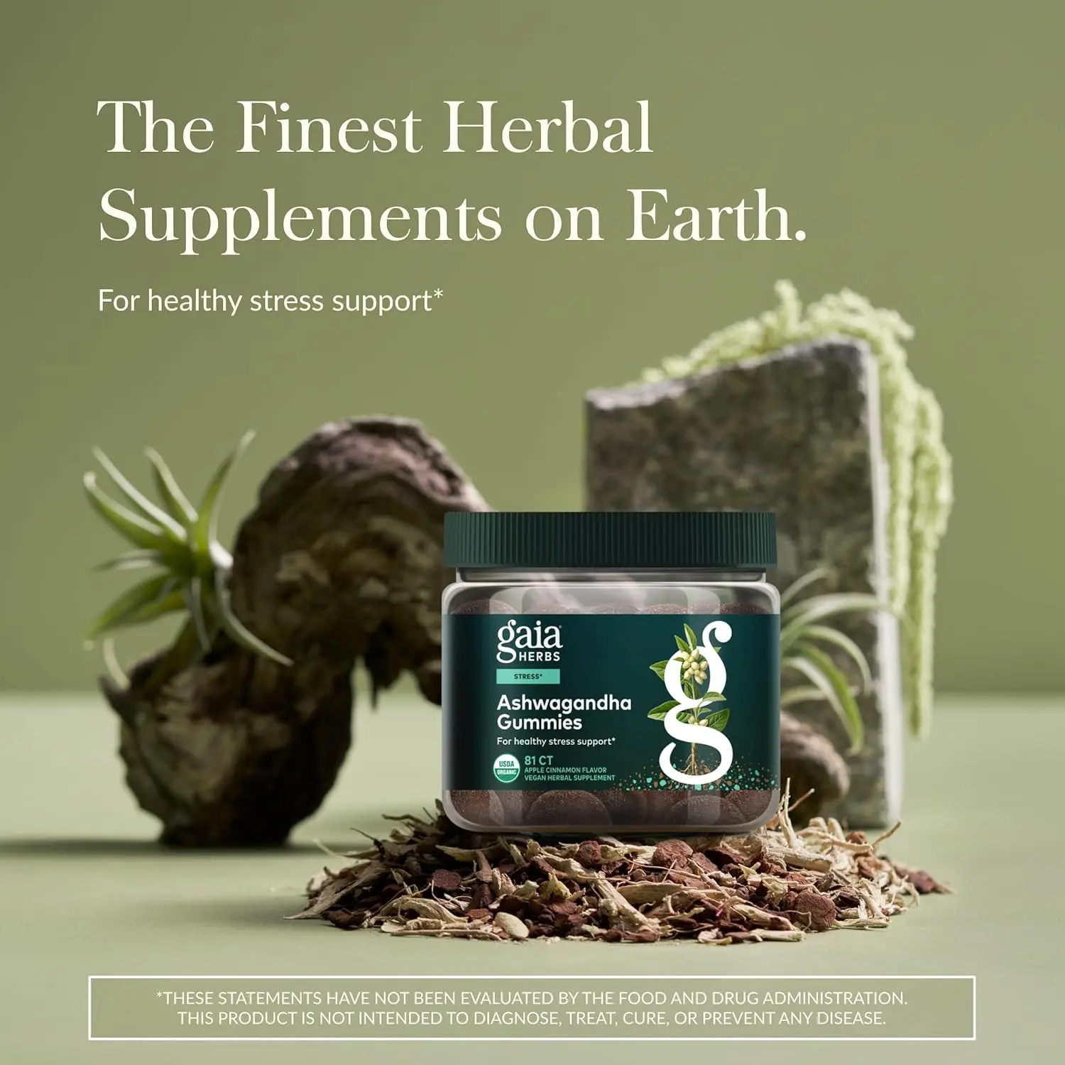 A bottle of Gaia Herbs Organic Ashwagandha Gummies to support stress response and energy levels, made with ashwagandha, cinnamon, and ginger.