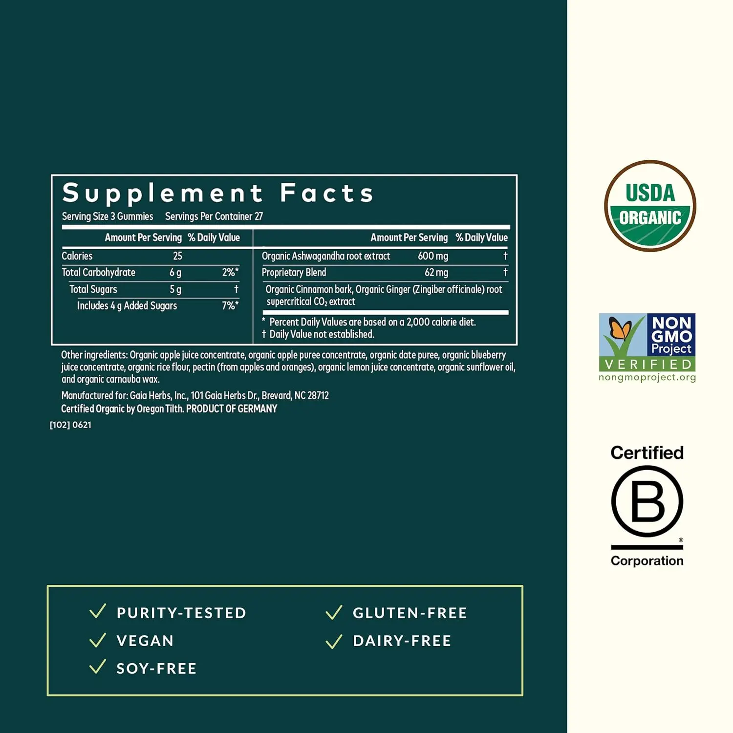 A bottle of Gaia Herbs Organic Ashwagandha Gummies to support stress response and energy levels, made with ashwagandha, cinnamon, and ginger.