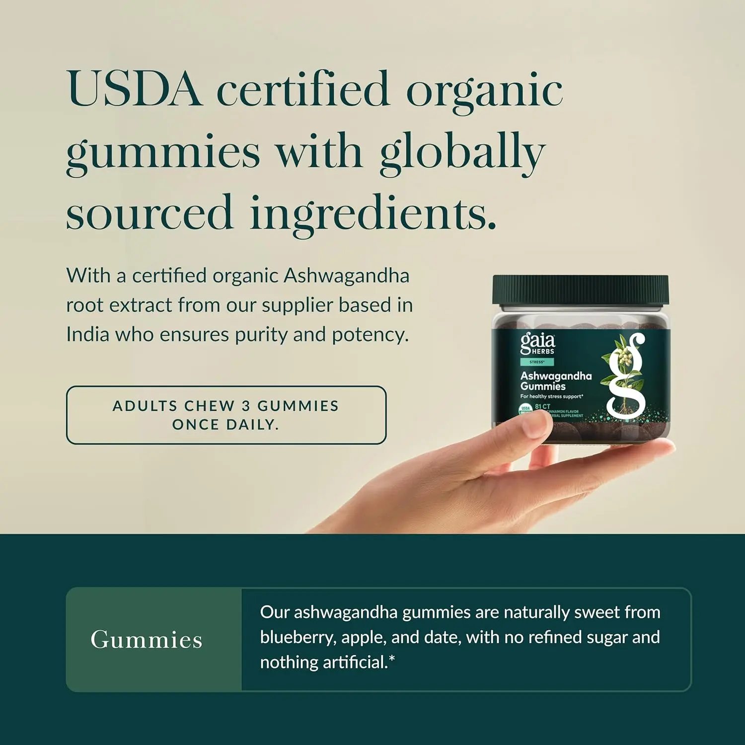 A bottle of Gaia Herbs Organic Ashwagandha Gummies to support stress response and energy levels, made with ashwagandha, cinnamon, and ginger.