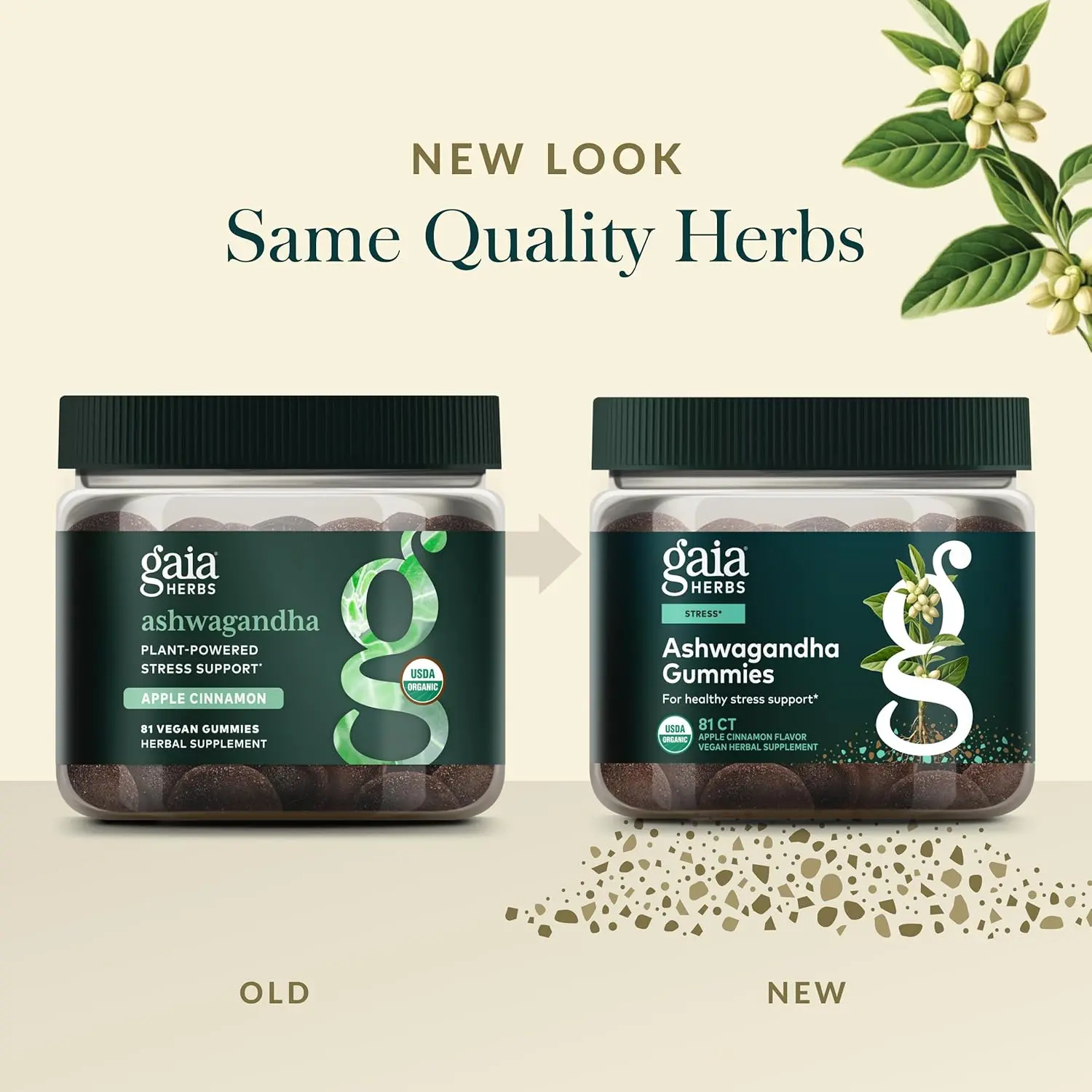 A bottle of Gaia Herbs Organic Ashwagandha Gummies to support stress response and energy levels, made with ashwagandha, cinnamon, and ginger.