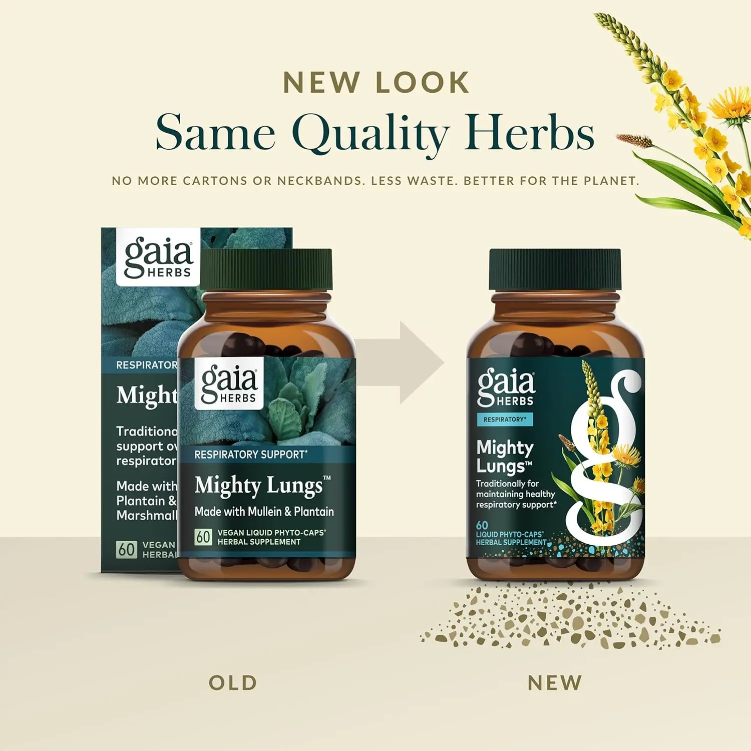 Bottle of Gaia Herbs Mighty Lungs lung support supplement with mullein leaf, plantain, and schisandra to help maintain overall lung and respiratory health.