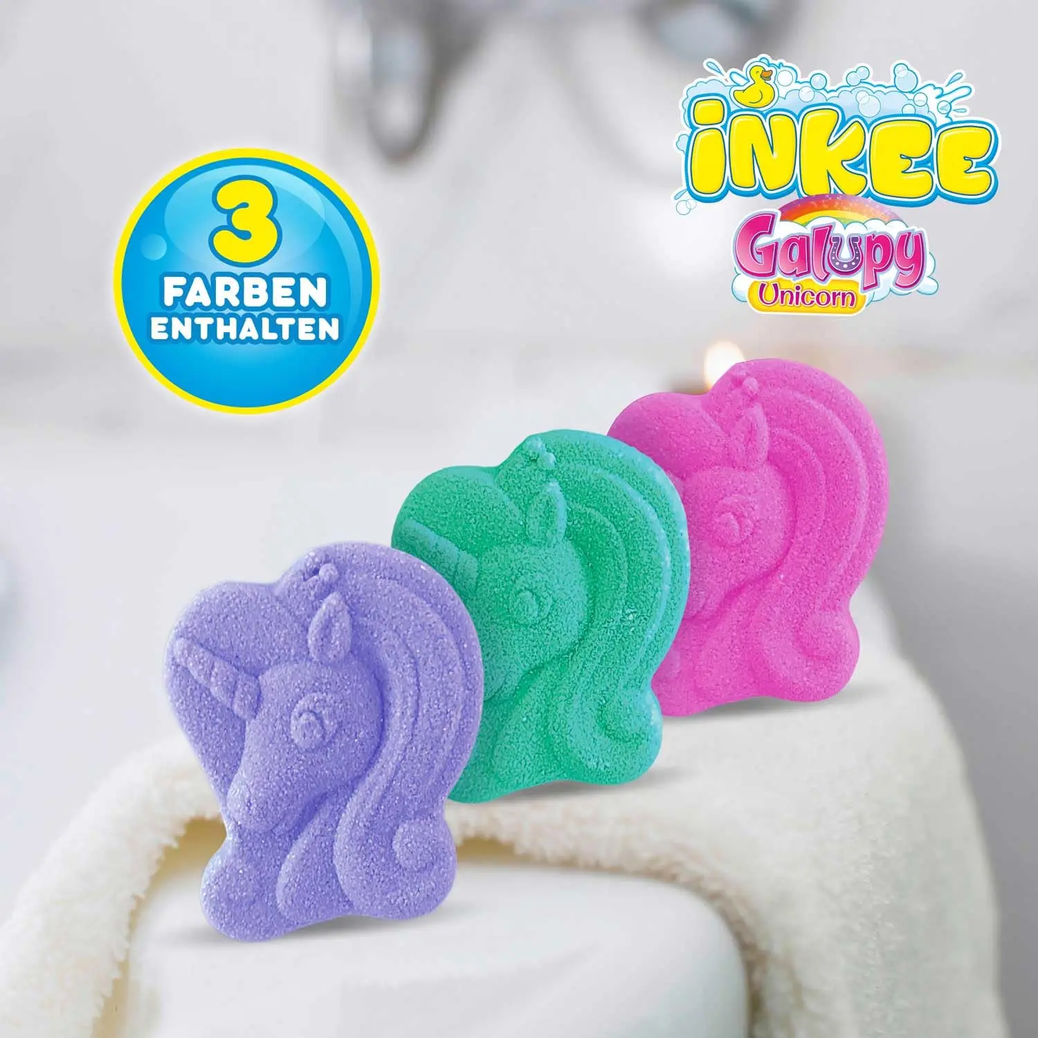 Three colorful Galupy unicorn bath bombs for children in pink, purple, and turquoise with bubblegum scent and jojoba oil, perfect for gentle and fun bathing.