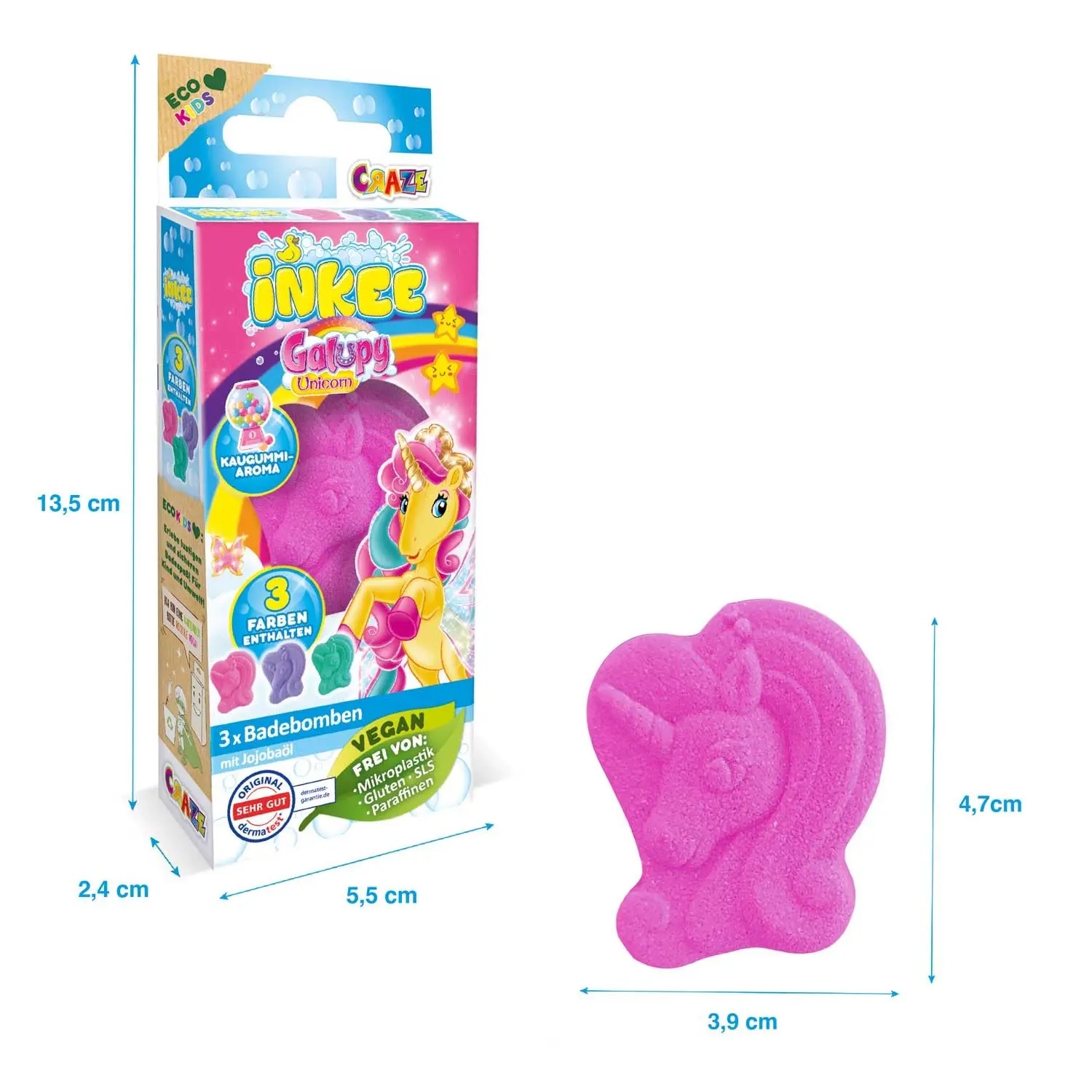 Three colorful Galupy unicorn bath bombs for children in pink, purple, and turquoise with bubblegum scent and jojoba oil, perfect for gentle and fun bathing.