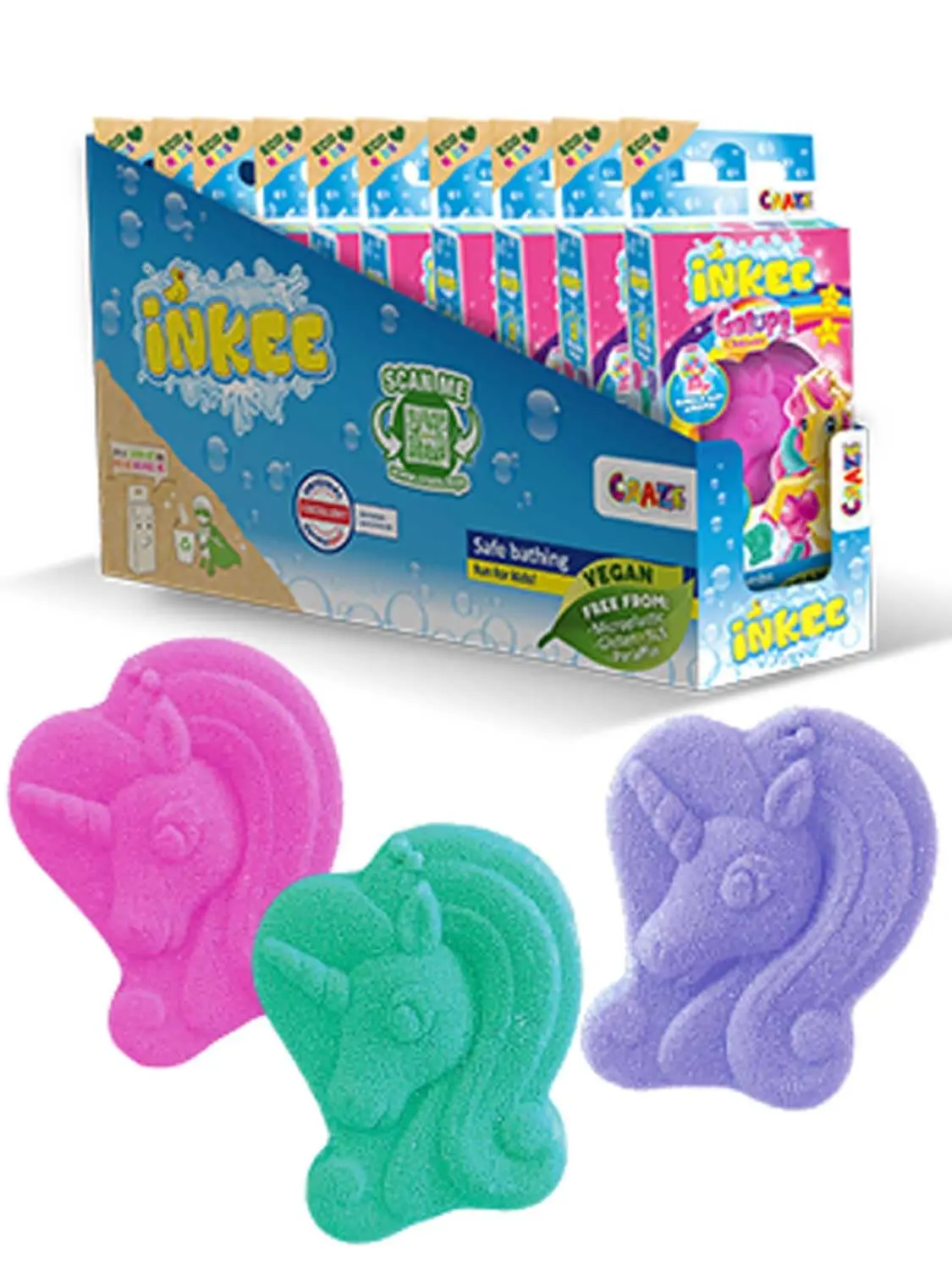 Three colorful Galupy unicorn bath bombs for children in pink, purple, and turquoise with bubblegum scent and jojoba oil, perfect for gentle and fun bathing.