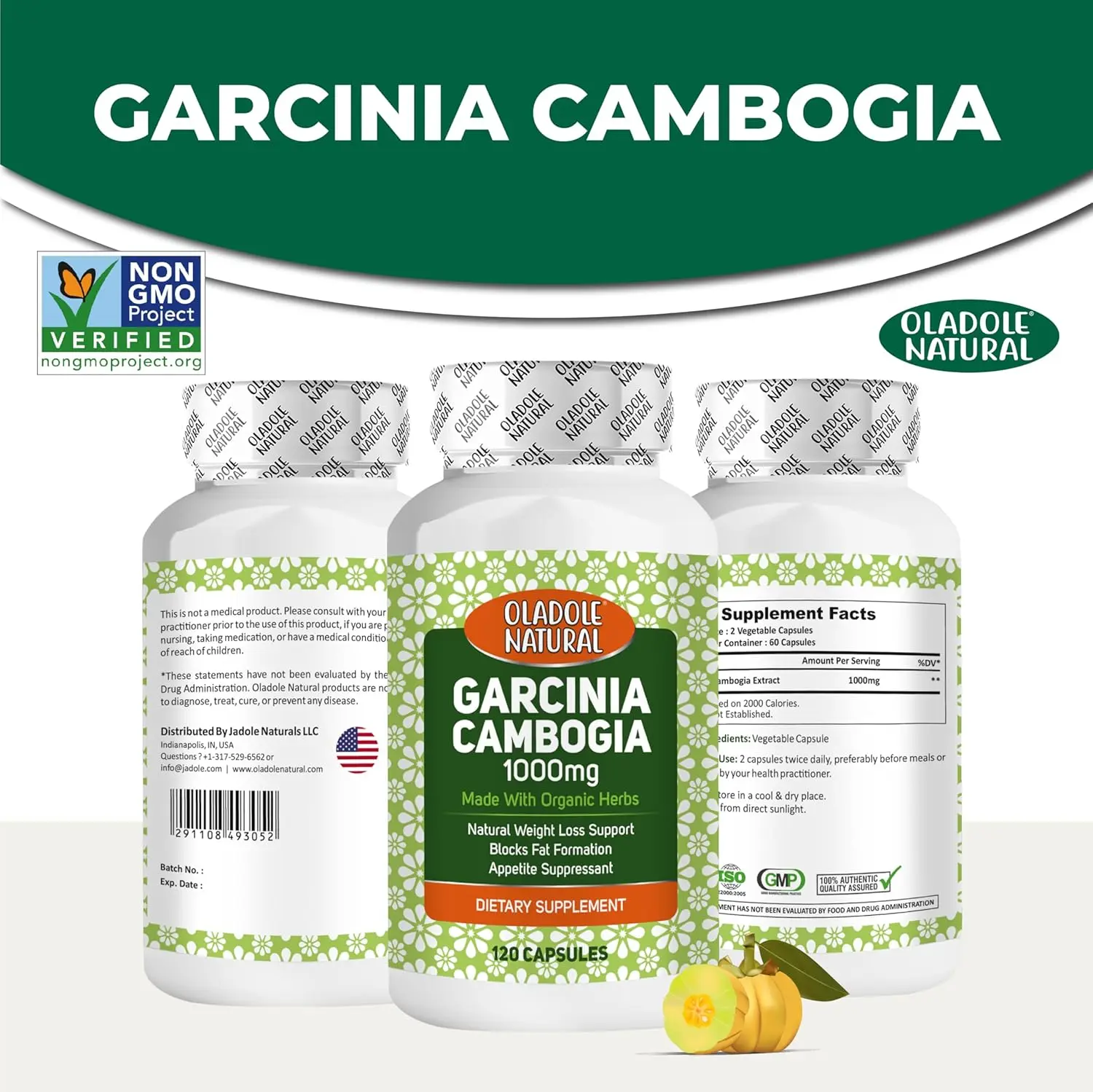 Oladole Natural Garcinia Cambogia capsules support healthy weight management, regulate blood sugar, boost metabolism and digestive health.