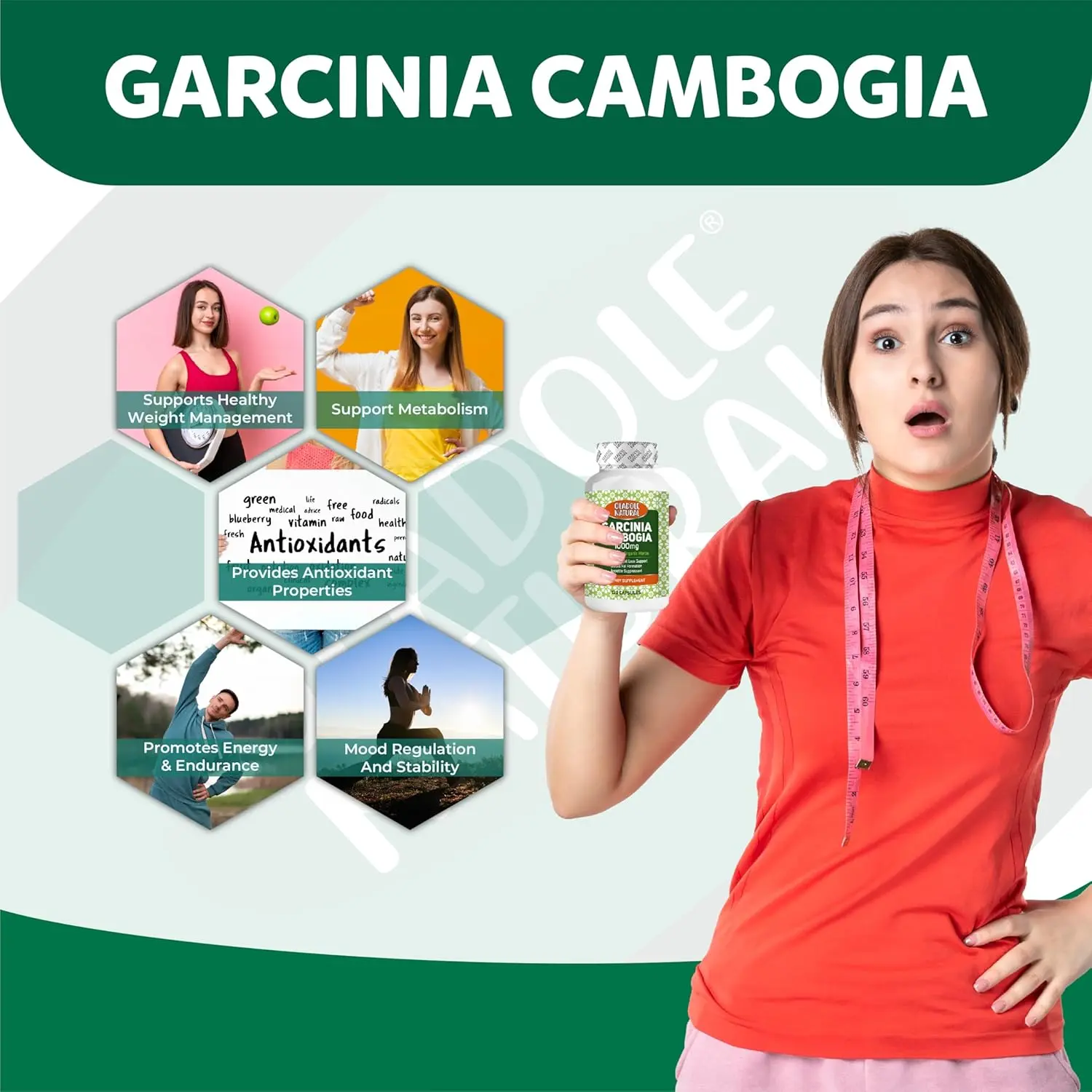 Oladole Natural Garcinia Cambogia capsules support healthy weight management, regulate blood sugar, boost metabolism and digestive health.