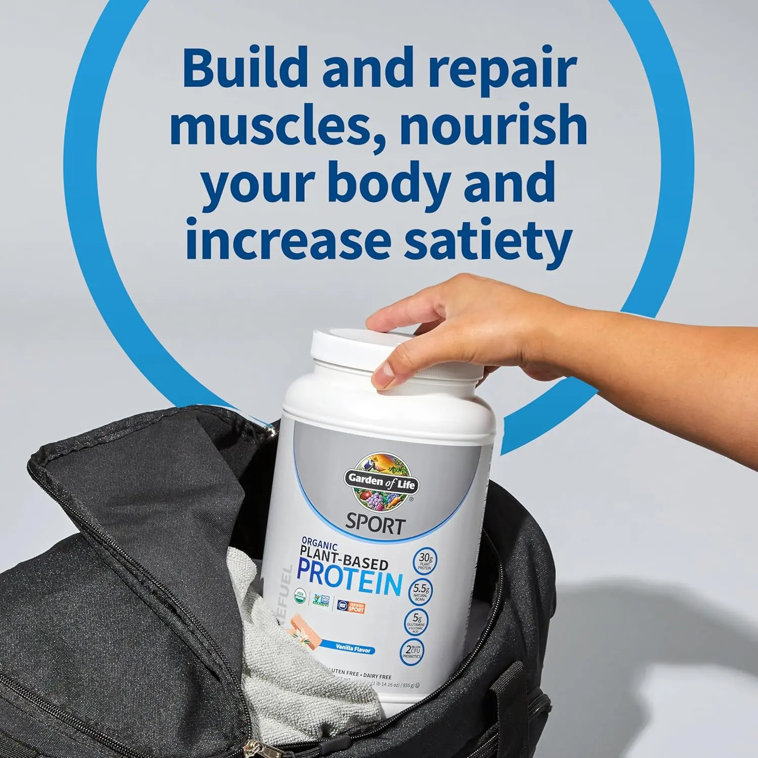Garden of Life Sport Organic Plant-Based Vanilla Protein powder refuels and repairs muscles after workouts, promoting faster recovery and supporting the immune system.