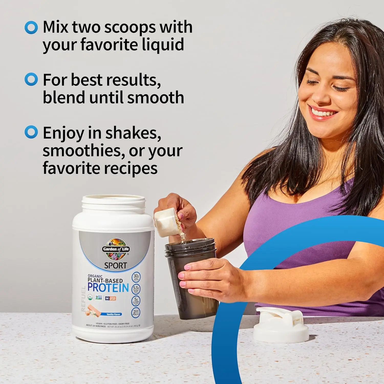 Garden of Life Sport Organic Plant-Based Vanilla Protein powder refuels and repairs muscles after workouts, promoting faster recovery and supporting the immune system.