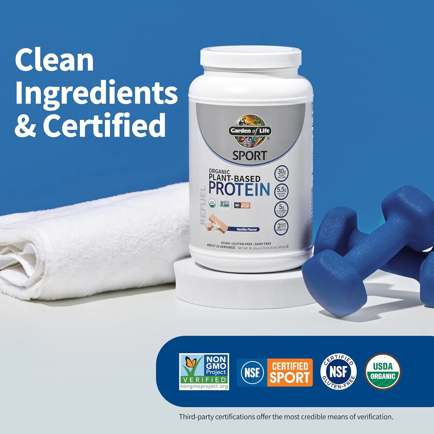 Garden of Life Sport Organic Plant-Based Vanilla Protein powder refuels and repairs muscles after workouts, promoting faster recovery and supporting the immune system.