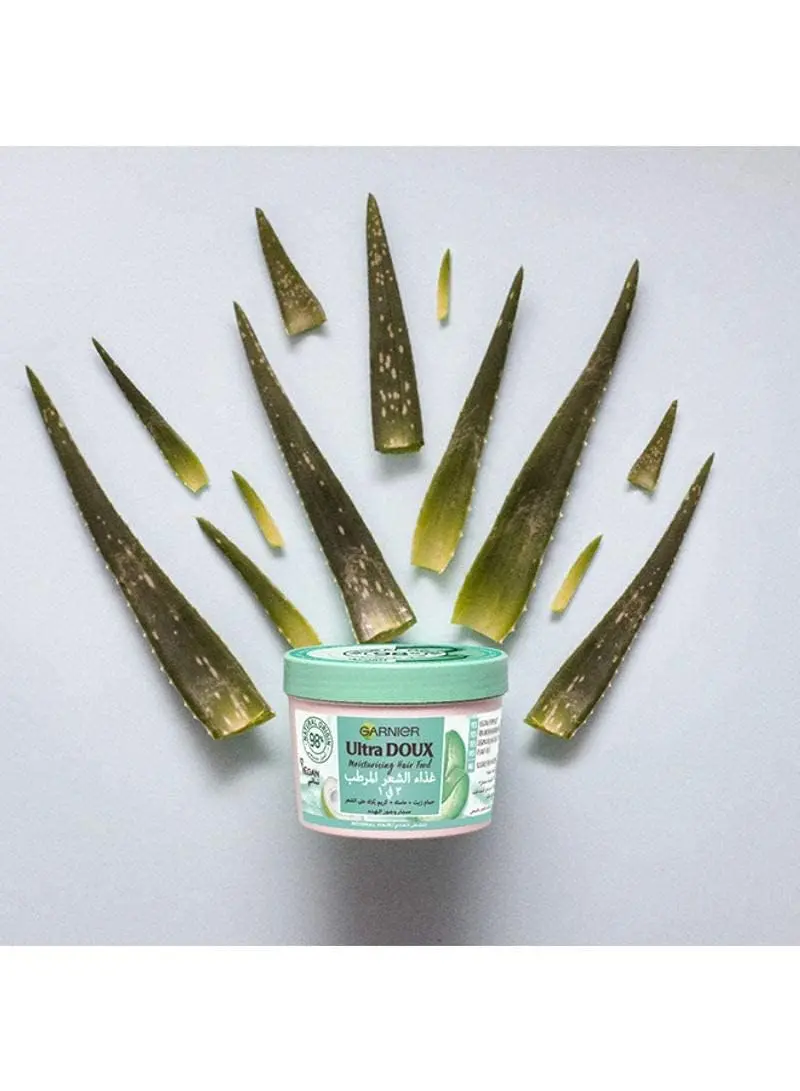 Garnier Ultra Doux Aloe Vera Hair Food 3-in-1 mask intensely hydrates normal hair with 98% natural origin ingredients and vitamins C, E, and F.