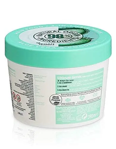 Garnier Ultra Doux Aloe Vera Hair Food 3-in-1 mask intensely hydrates normal hair with 98% natural origin ingredients and vitamins C, E, and F.