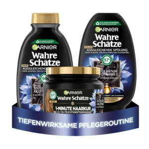 Garnier True Treasures balancing hair care set with activated carbon and black cumin oil shampoo, conditioner, and hair mask for greasy roots and dry ends.