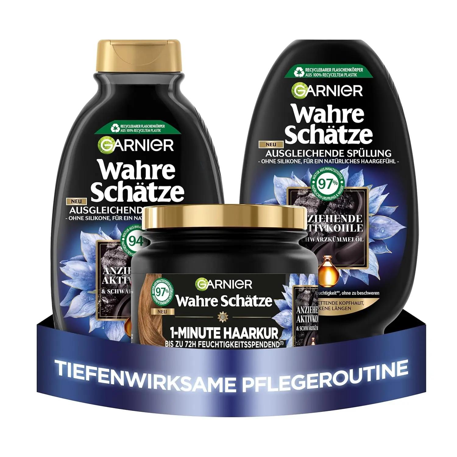Garnier True Treasures balancing hair care set with activated carbon and black cumin oil shampoo, conditioner, and hair mask for greasy roots and dry ends.