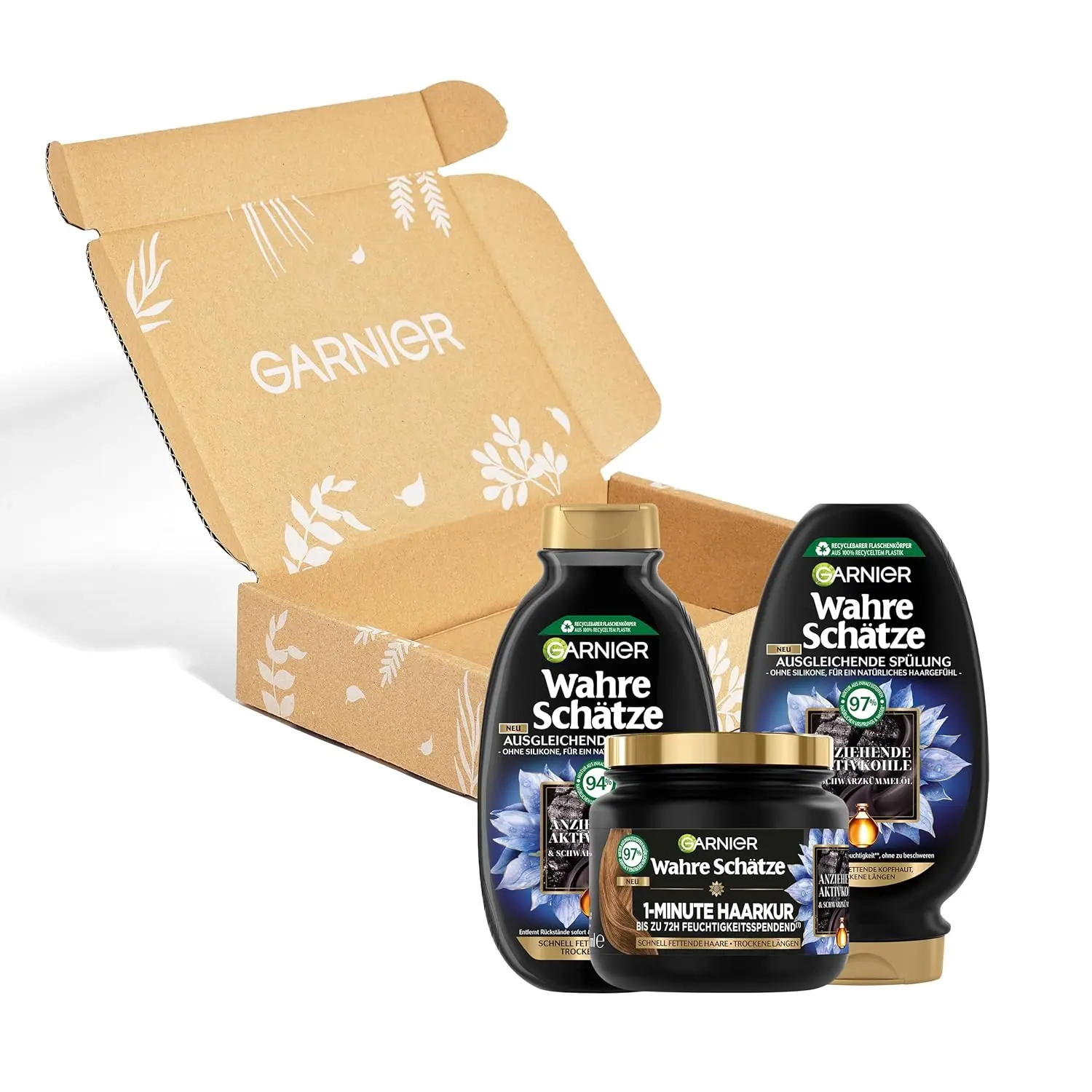 Garnier True Treasures balancing hair care set with activated carbon and black cumin oil shampoo, conditioner, and hair mask for greasy roots and dry ends.