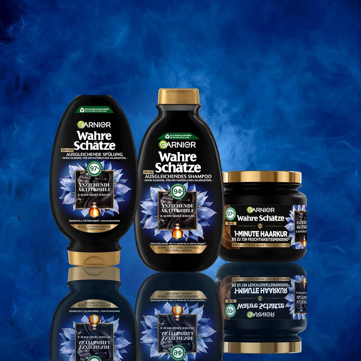 Garnier True Treasures balancing hair care set with activated carbon and black cumin oil shampoo, conditioner, and hair mask for greasy roots and dry ends.