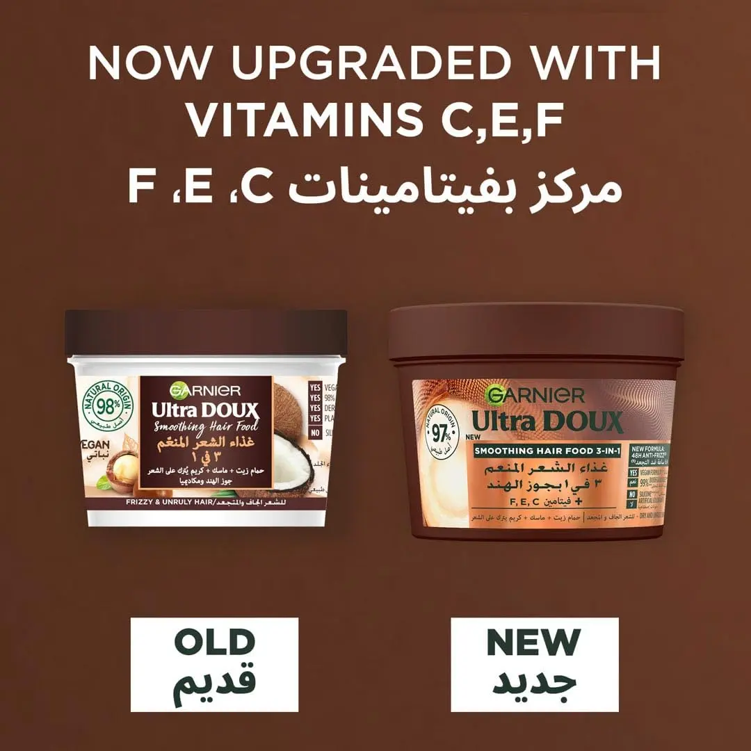 Garnier Ultra Doux Coconut and Macademia hair mask, a 98% natural origin formula supercharged with vitamins C, E, and F for smooth, frizz-free hair.