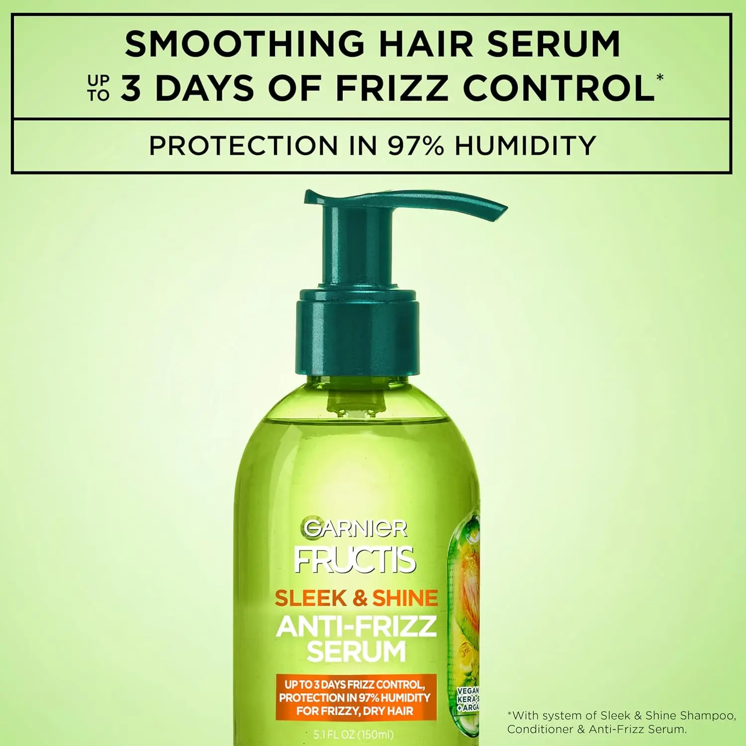 Garnier Fructis Sleek and Shine Anti-Frizz Serum with Moroccan argan oil tames frizzy, dry, and unmanageable hair for lasting smoothness and shine.