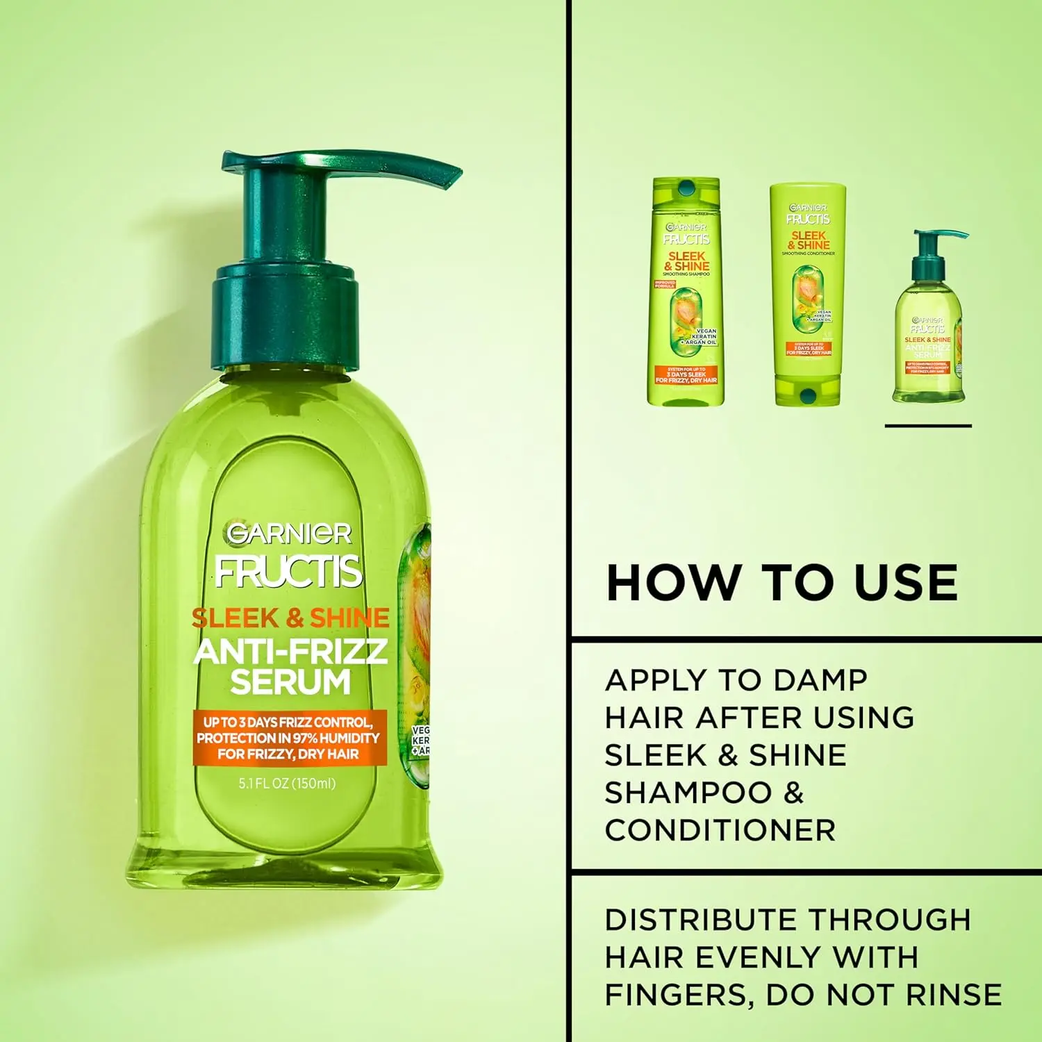 Garnier Fructis Sleek and Shine Anti-Frizz Serum with Moroccan argan oil tames frizzy, dry, and unmanageable hair for lasting smoothness and shine.