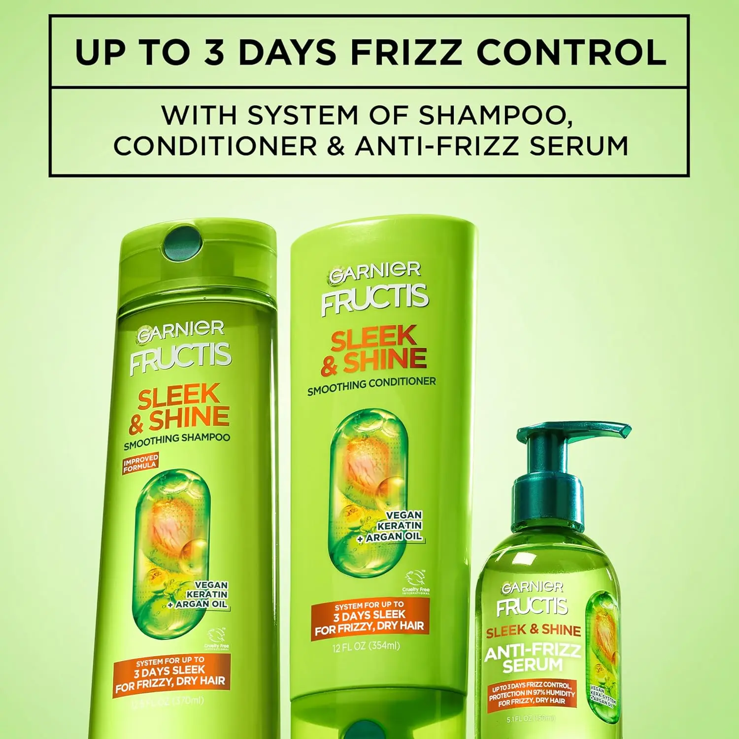 Garnier Fructis Sleek and Shine Anti-Frizz Serum with Moroccan argan oil tames frizzy, dry, and unmanageable hair for lasting smoothness and shine.