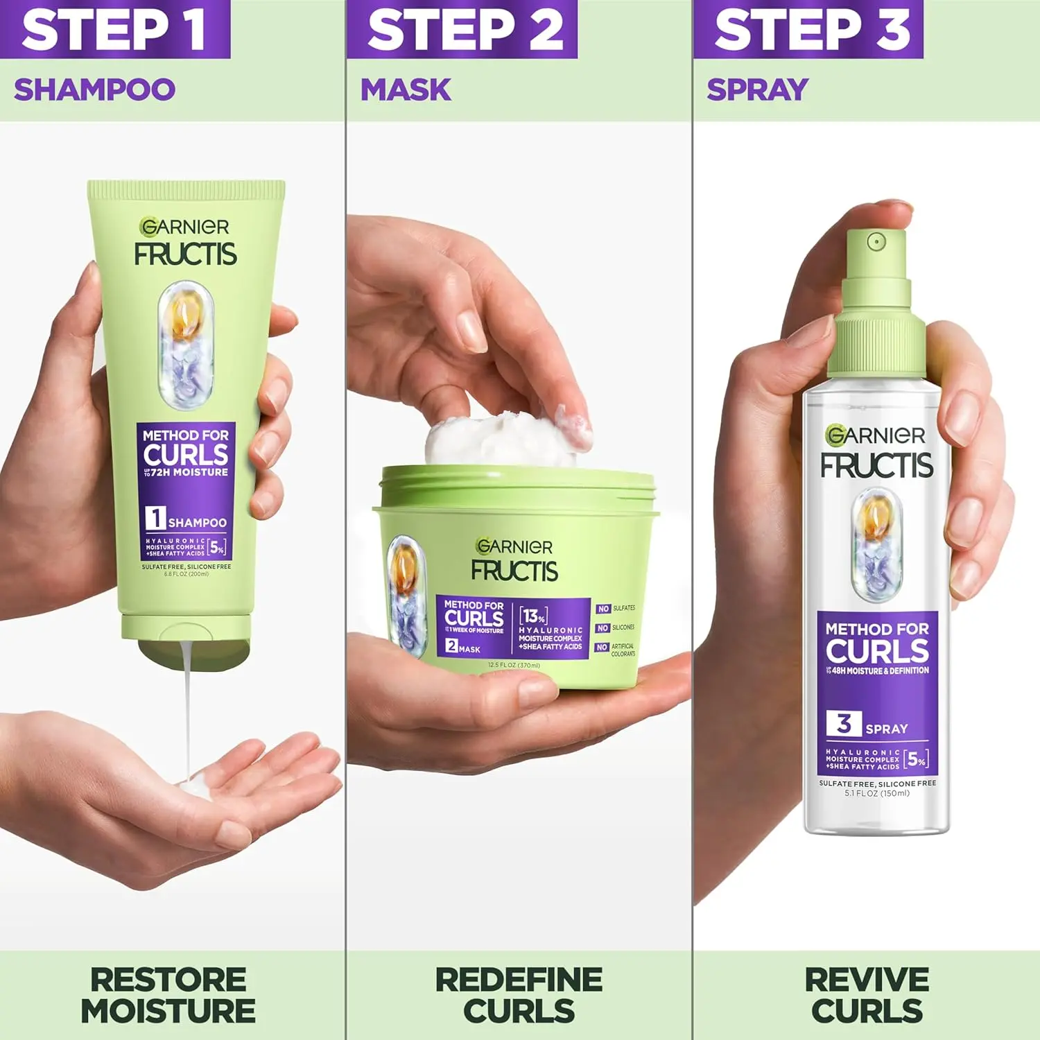 Garnier Fructis Method for Curls kit with shampoo, mask, and curl refresher spray formulated for lasting moisture and definition on 2C to 4C curls.